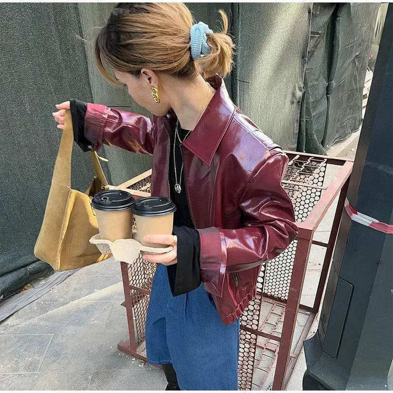 TAVIMART  -  Women Elegant Ancora Red Zipper Leather Jacket 2 Piece Set Fashion High Waist Solid Cropped Mini Skirt Suit Lady Streetwear