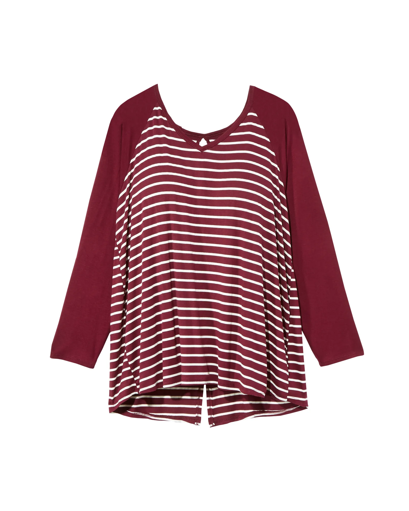 Tessie Long Sleeve Contrast Split Back Tee | Burgundy / White