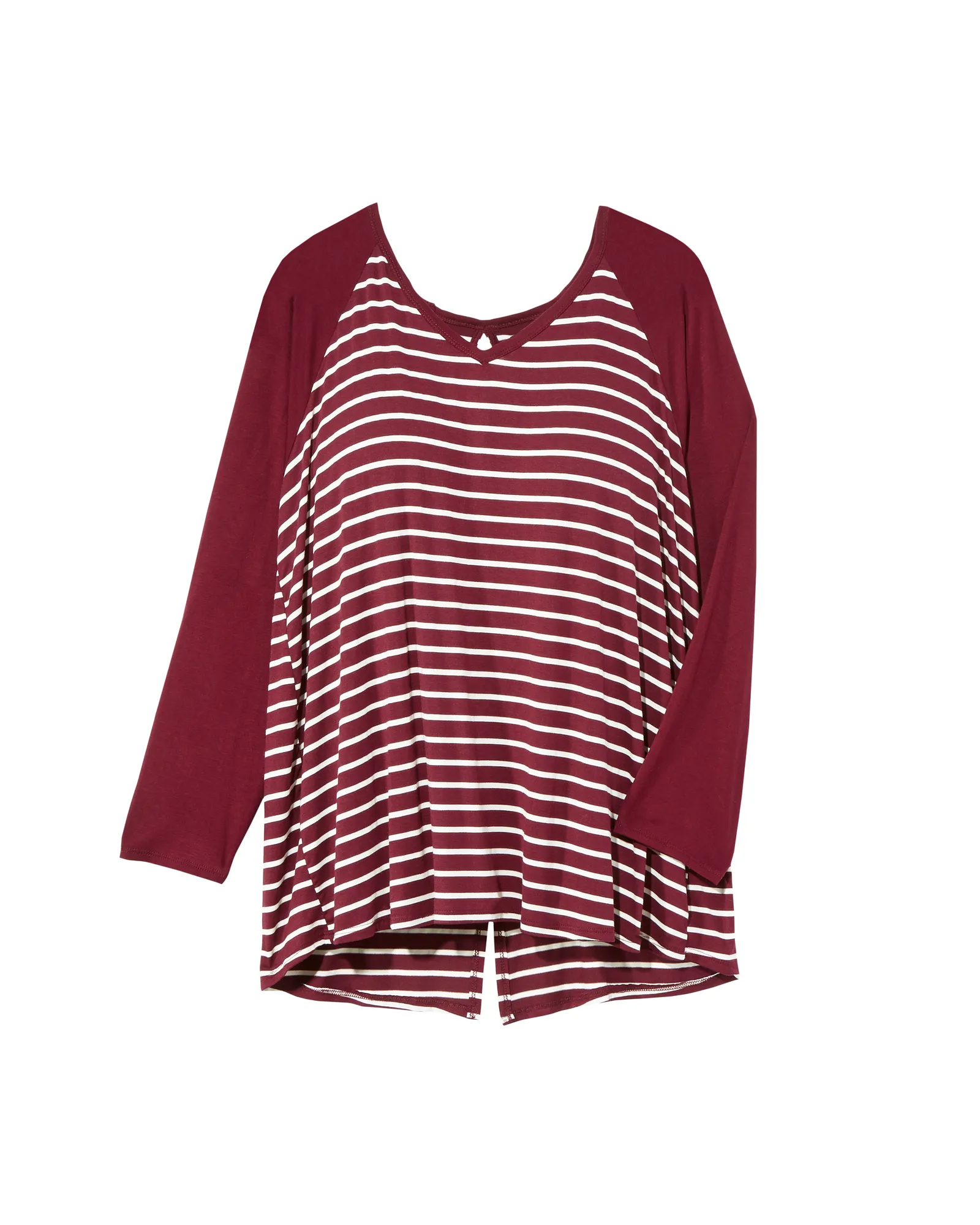 Tessie Long Sleeve Contrast Split Back Tee | Burgundy / White