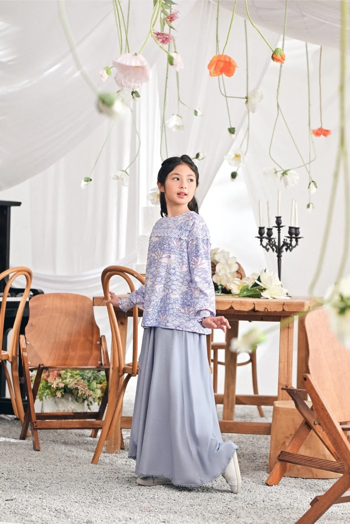 The Mimpian Ruffle Wide Skirt - Light Pigeon Blue