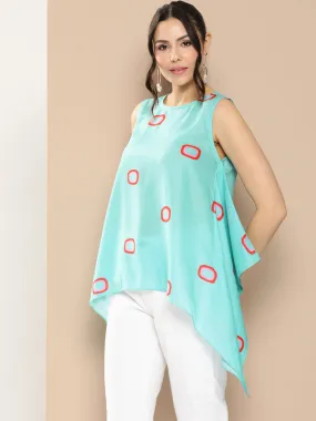 Turquoise Blue Prited Cut Sleeves Tunic