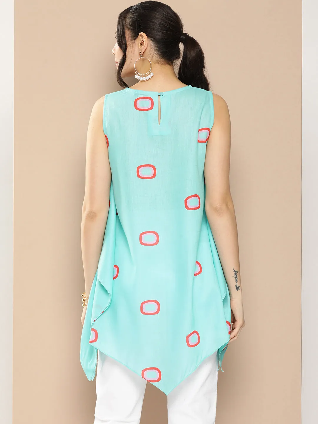 Turquoise Blue Prited Cut Sleeves Tunic