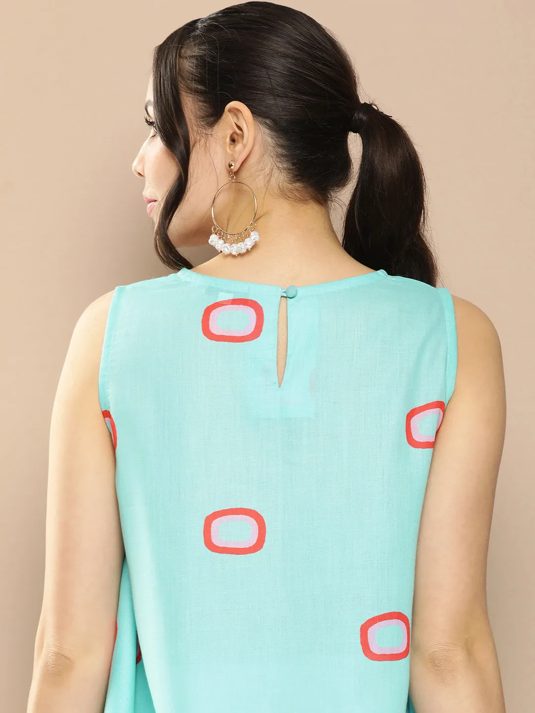 Turquoise Blue Prited Cut Sleeves Tunic