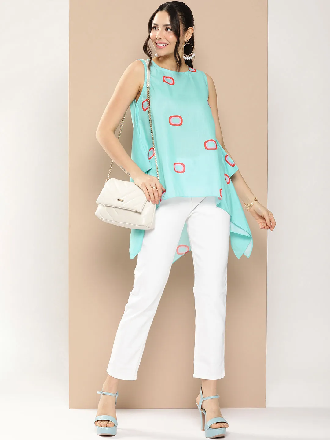 Turquoise Blue Prited Cut Sleeves Tunic
