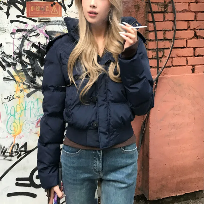 Uniwim outfit ideas winter 90 White Duck down Navy Blue Hooded Fur Collar Thickened Coat for Women 2024 Winter Small Short down Jacket