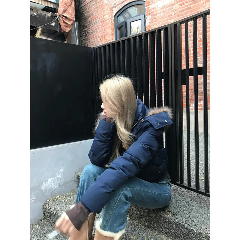 Uniwim outfit ideas winter 90 White Duck down Navy Blue Hooded Fur Collar Thickened Coat for Women 2024 Winter Small Short down Jacket