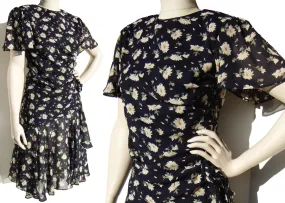 Vintage 80s Dress Floral Chiffon Peplum M