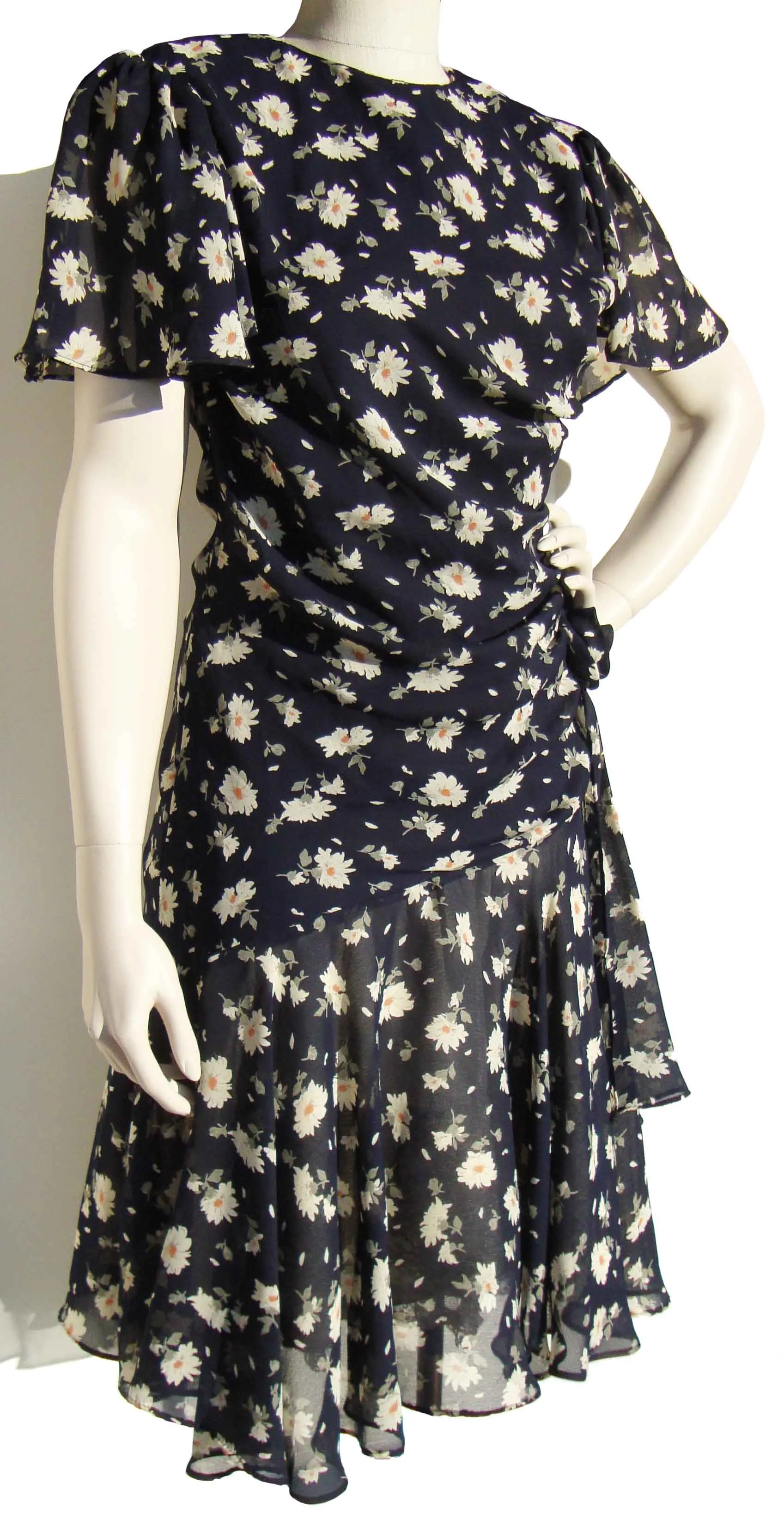 Vintage 80s Dress Floral Chiffon Peplum M