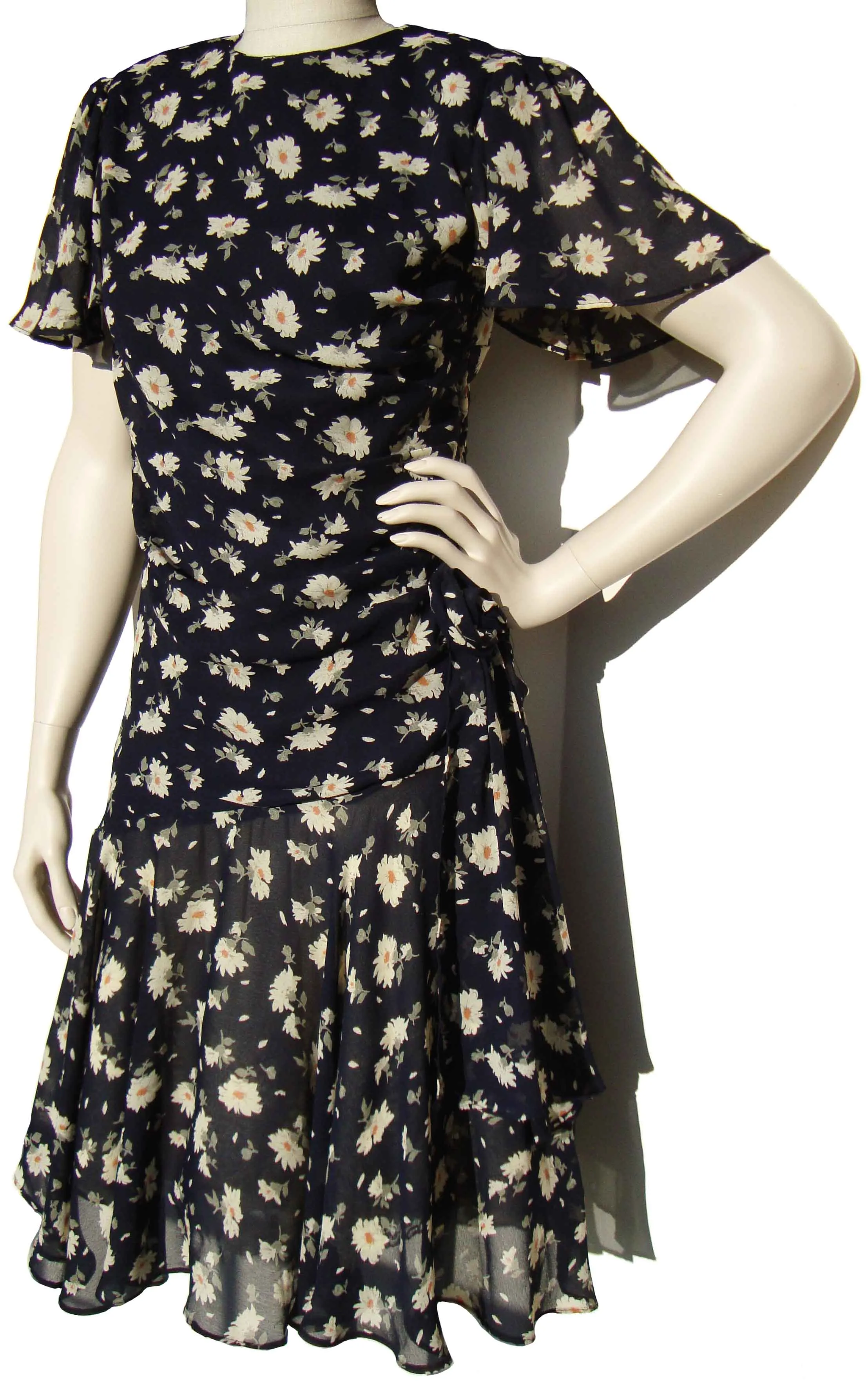 Vintage 80s Dress Floral Chiffon Peplum M