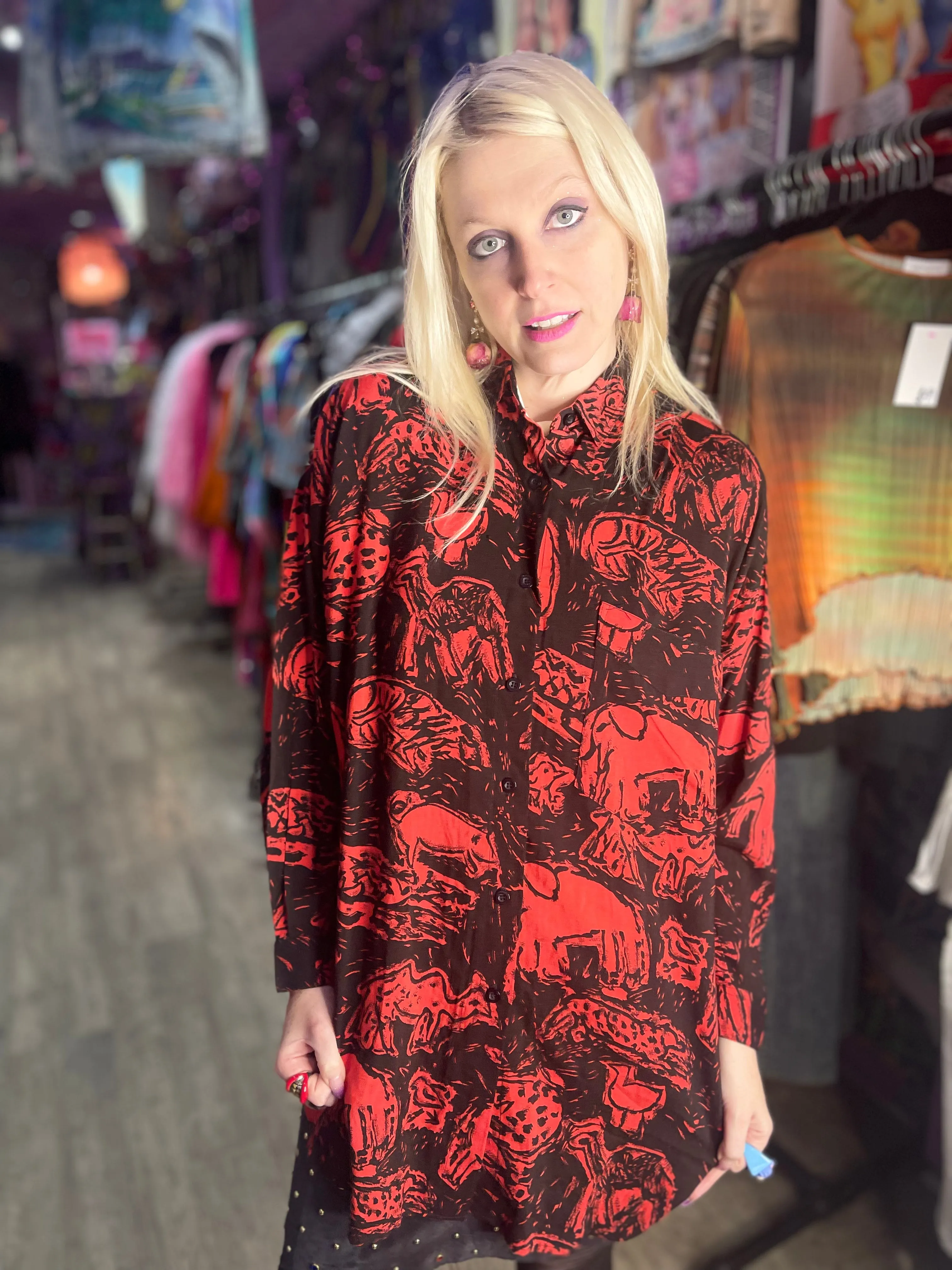 Vintage Red Safari Animals 90’s Longline Shirt