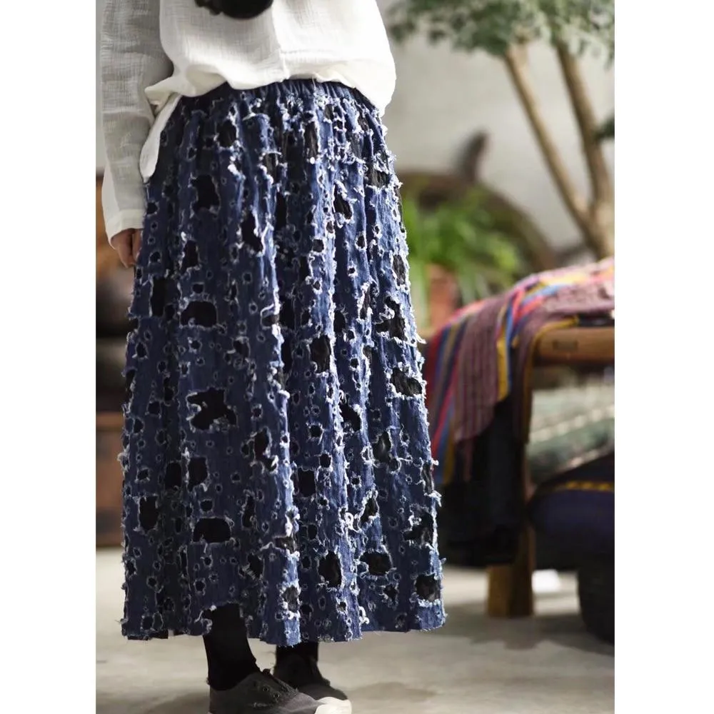 Vintage Ripped Denim Maxi Skirt  | Zen