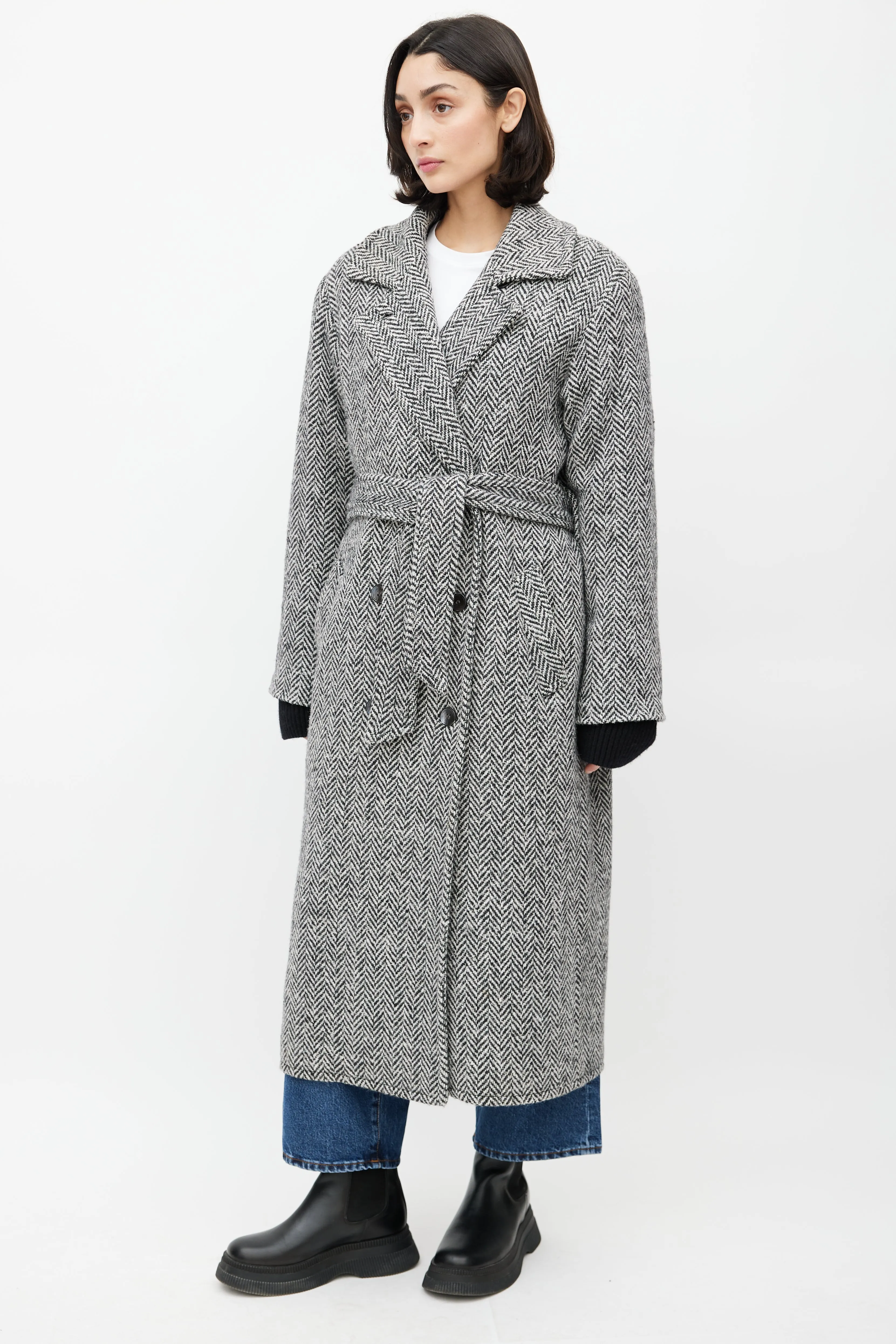 White & Black Wool Herringbone Coat