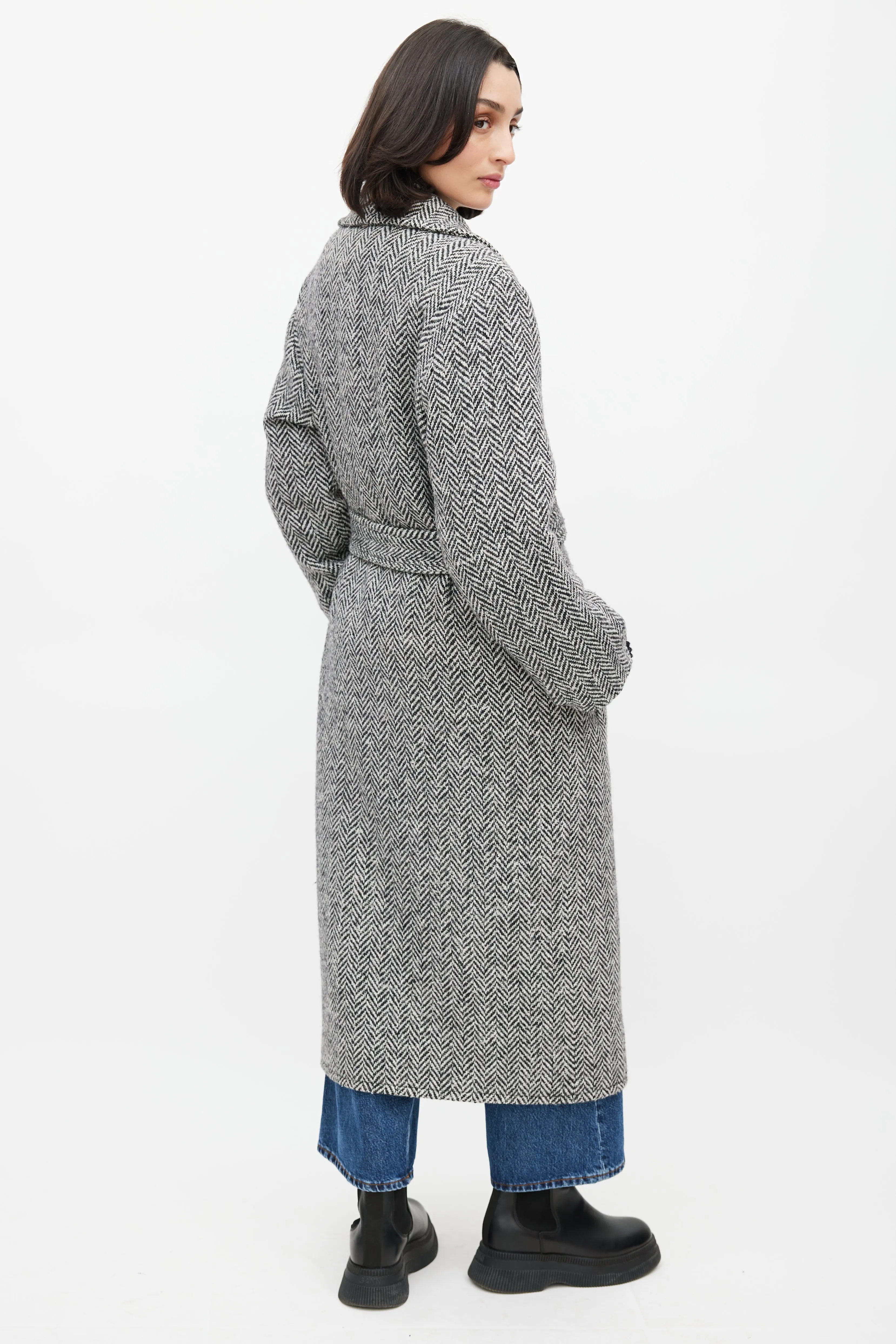 White & Black Wool Herringbone Coat