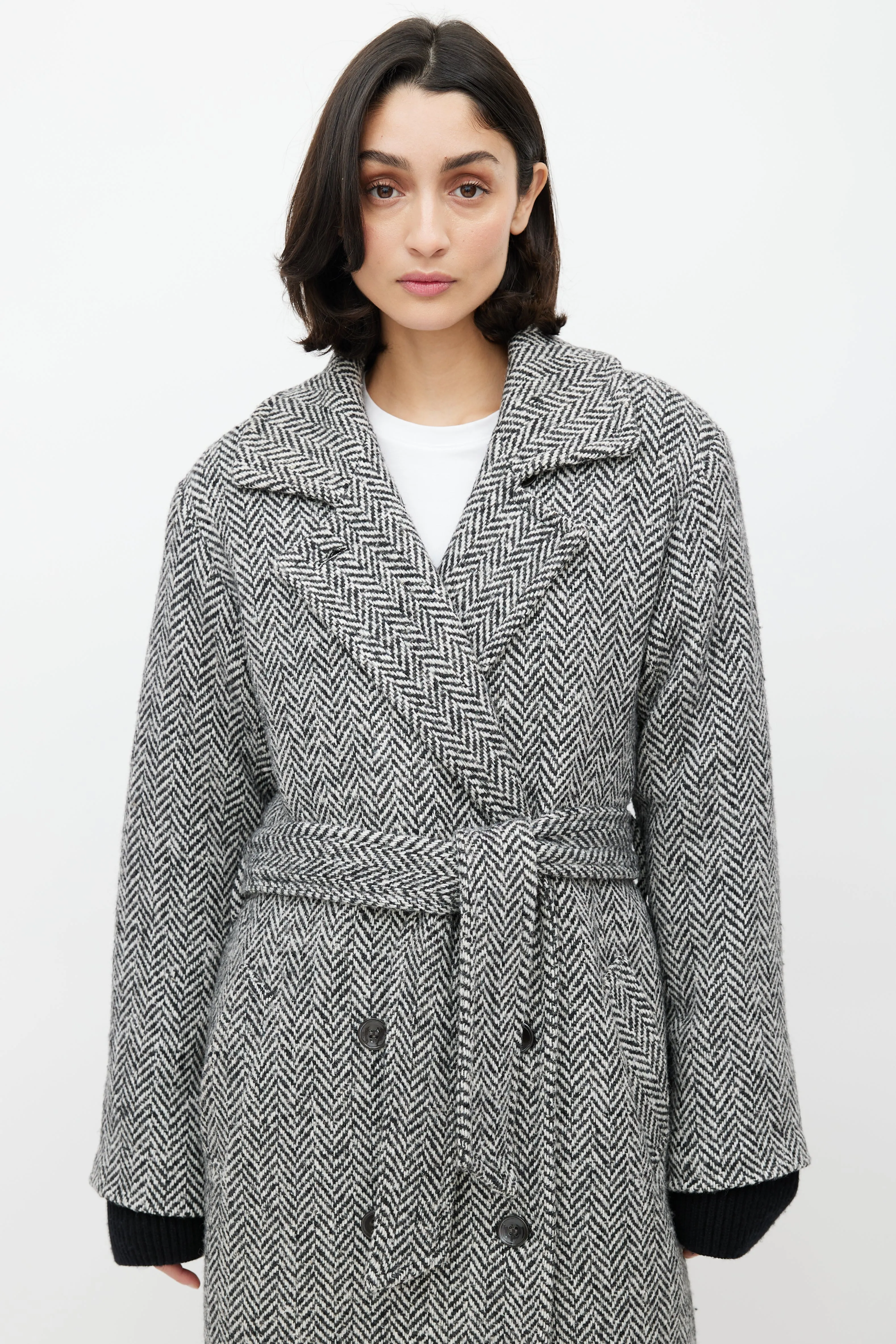 White & Black Wool Herringbone Coat