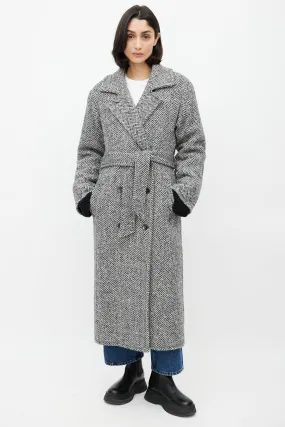 White & Black Wool Herringbone Coat