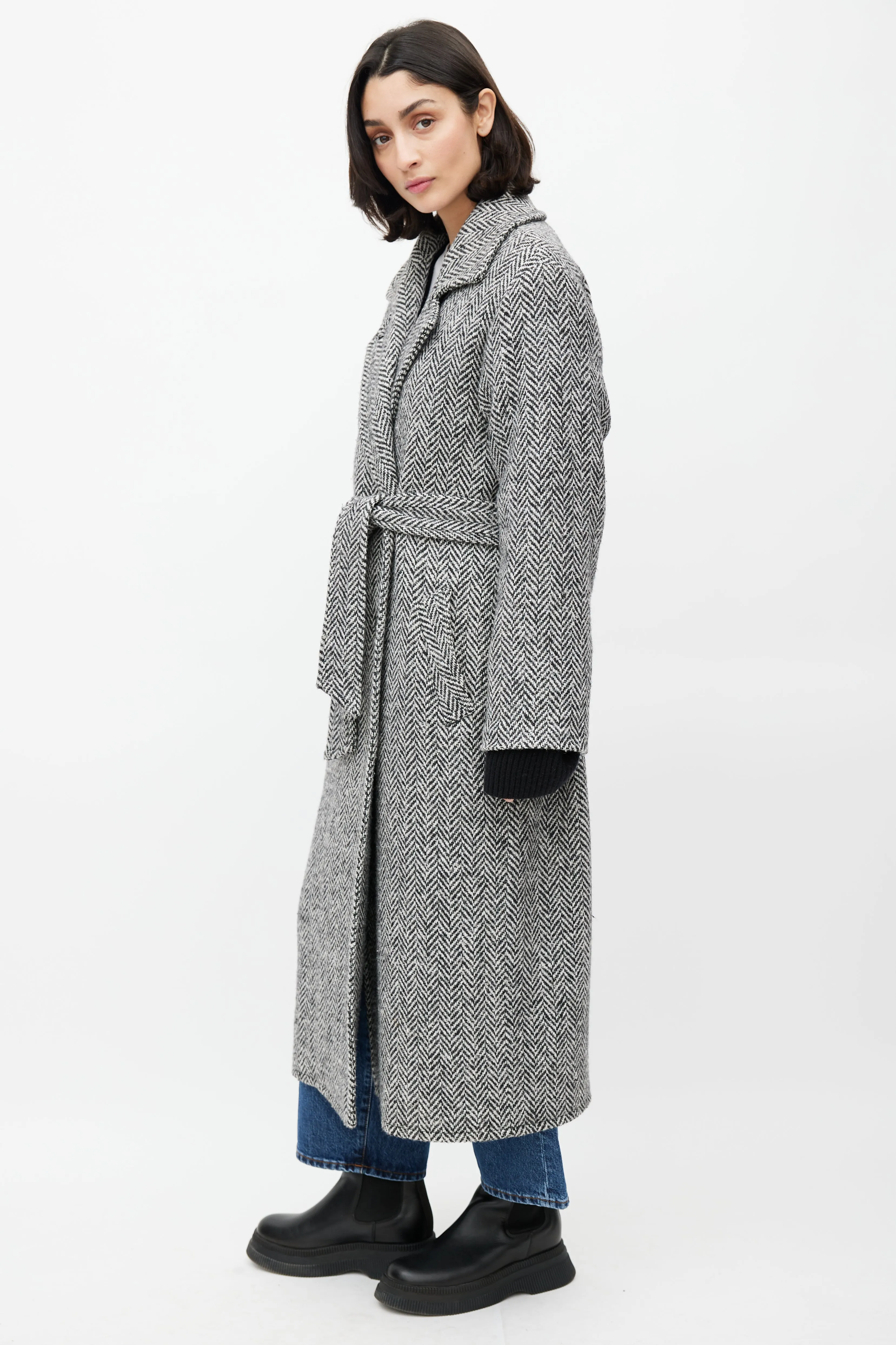 White & Black Wool Herringbone Coat