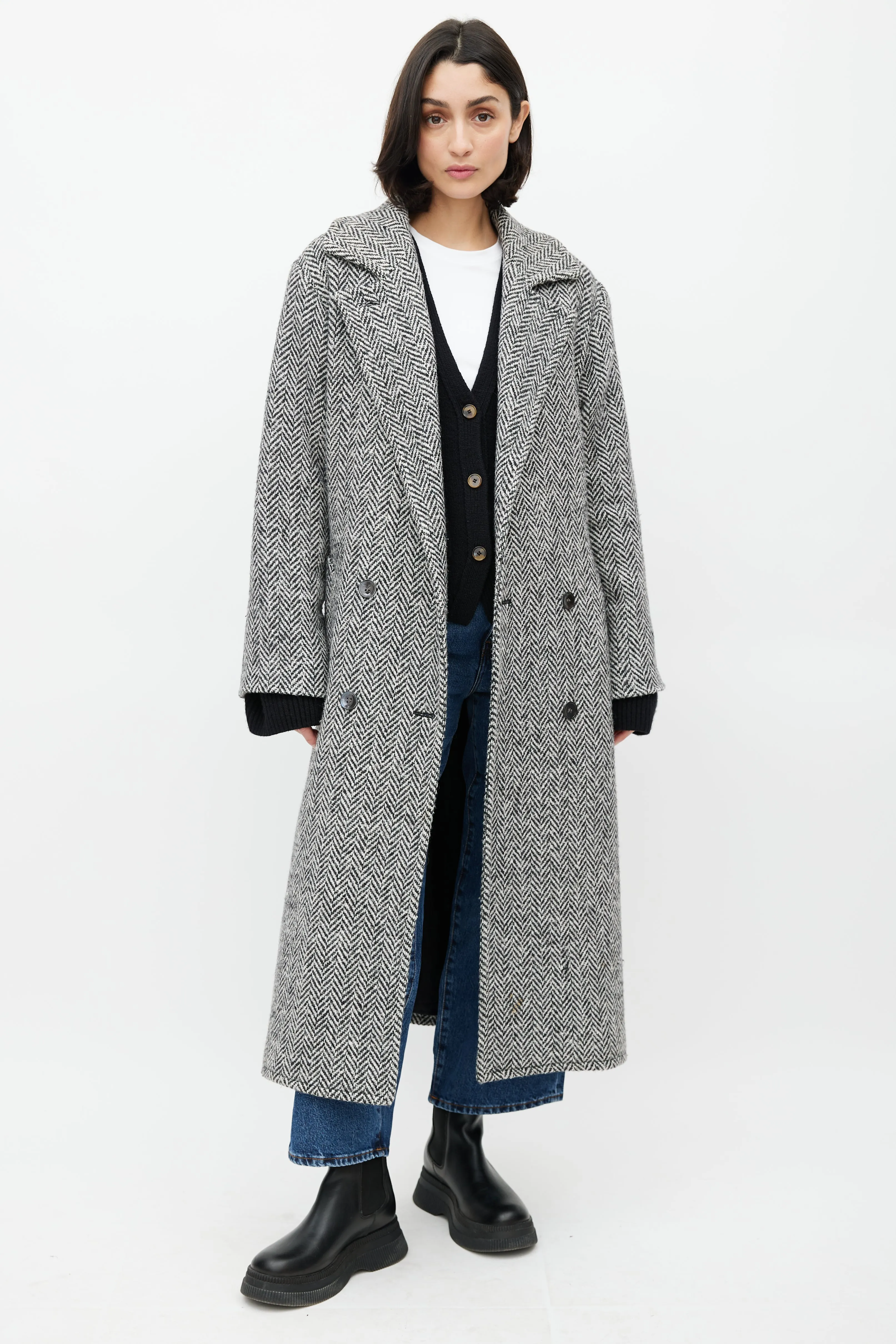 White & Black Wool Herringbone Coat