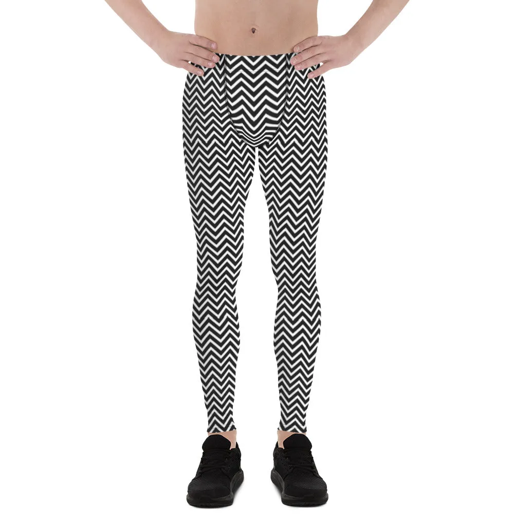 White Black Chevron Men's Leggings, Retro Style Meggings Compression Tights For Men-Made in USA/EU
