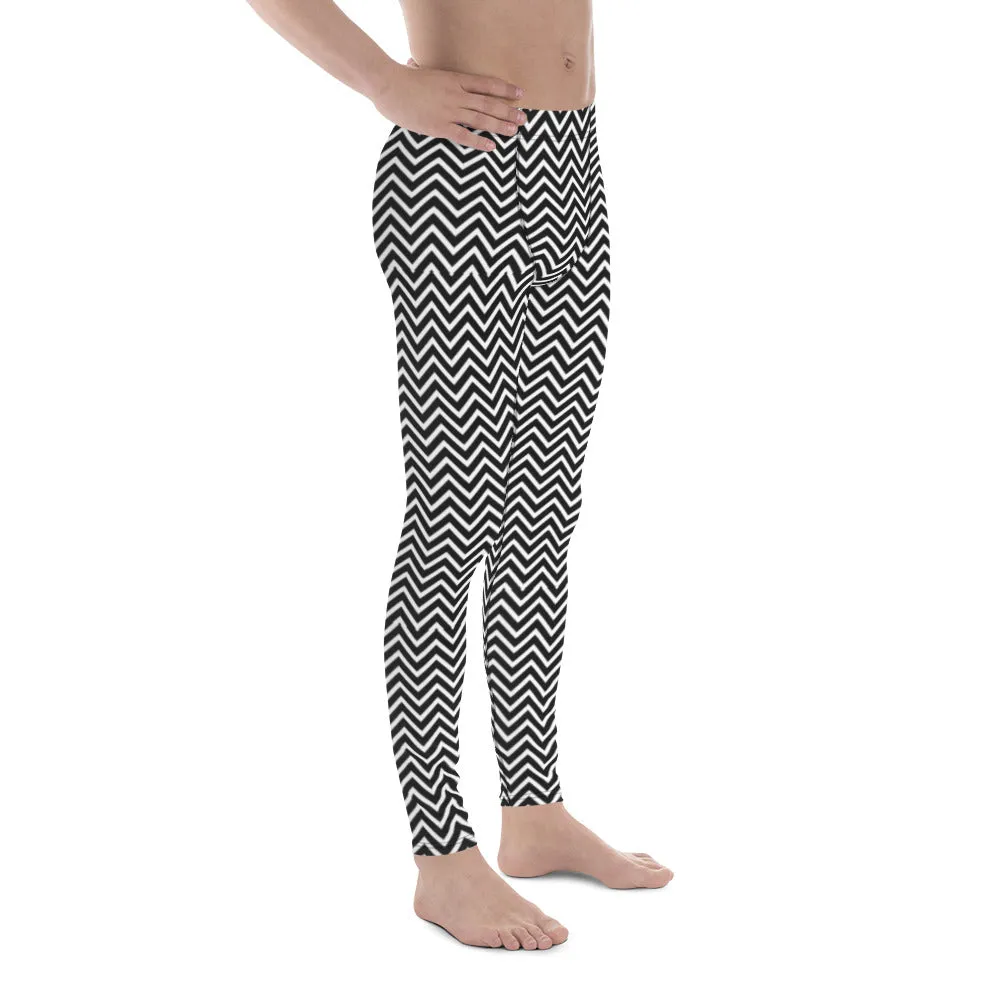 White Black Chevron Men's Leggings, Retro Style Meggings Compression Tights For Men-Made in USA/EU