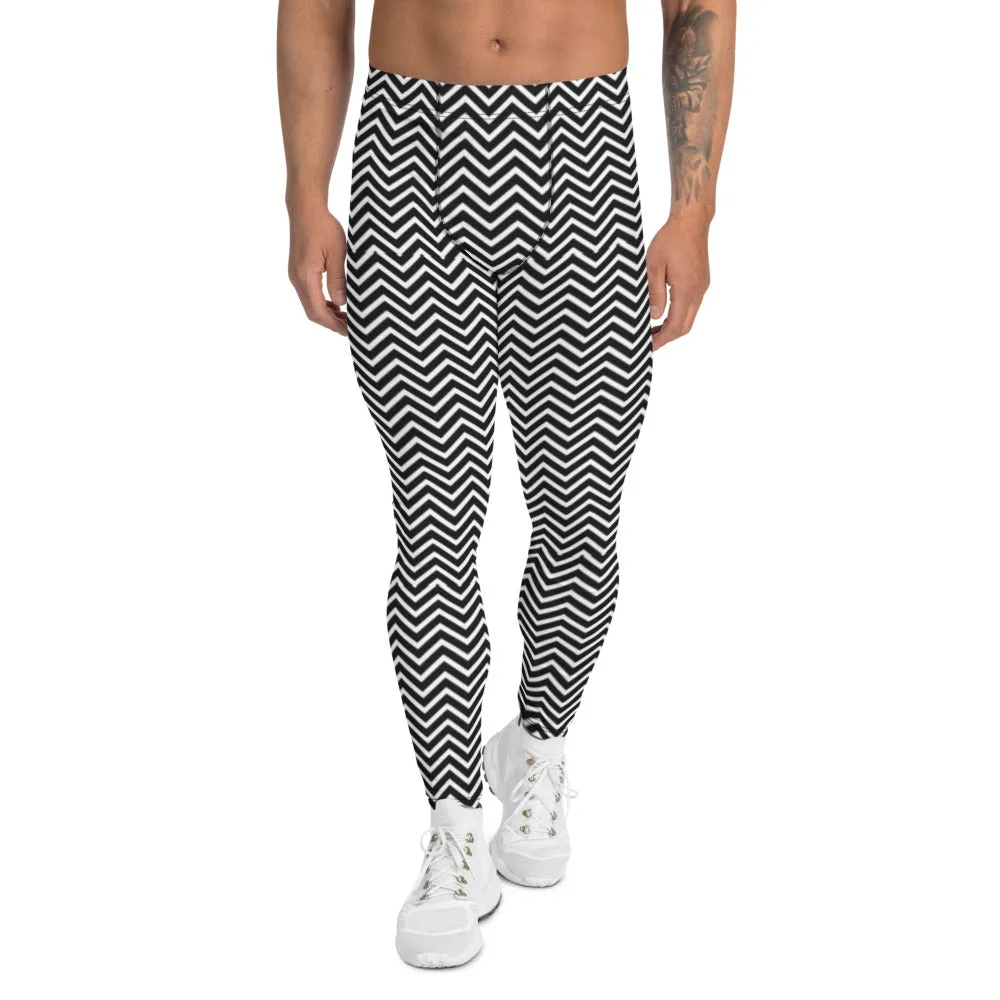 White Black Chevron Men's Leggings, Retro Style Meggings Compression Tights For Men-Made in USA/EU