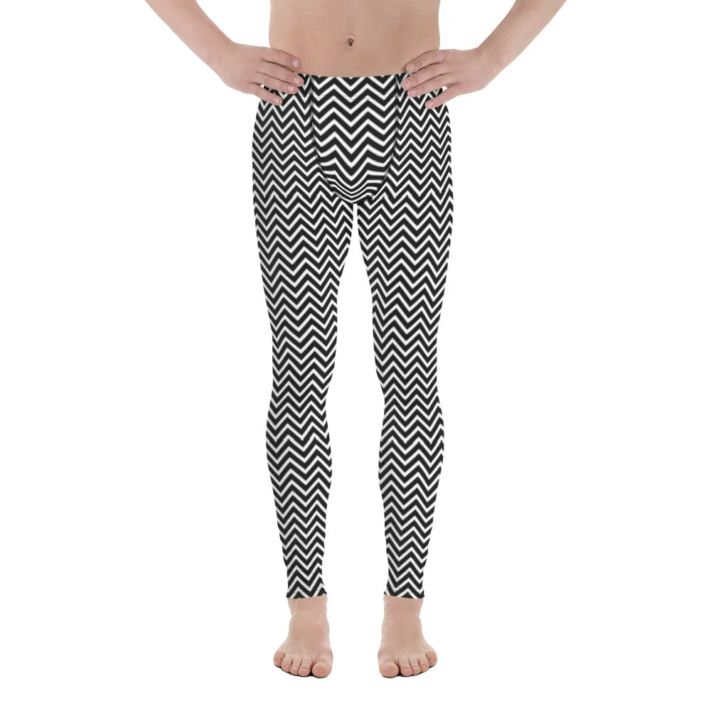 White Black Chevron Men's Leggings, Retro Style Meggings Compression Tights For Men-Made in USA/EU