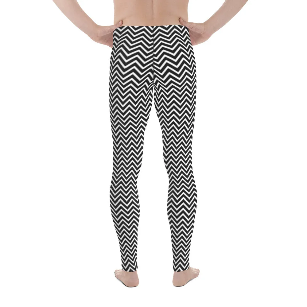 White Black Chevron Men's Leggings, Retro Style Meggings Compression Tights For Men-Made in USA/EU