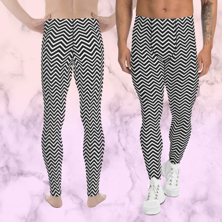 White Black Chevron Men's Leggings, Retro Style Meggings Compression Tights For Men-Made in USA/EU