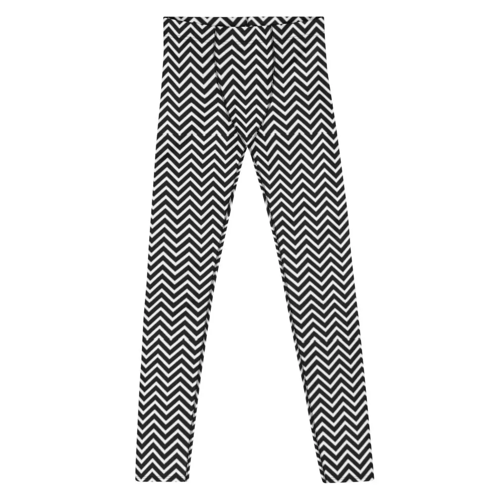 White Black Chevron Men's Leggings, Retro Style Meggings Compression Tights For Men-Made in USA/EU