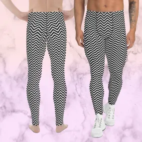 White Black Chevron Men's Leggings, Retro Style Meggings Compression Tights For Men-Made in USA/EU