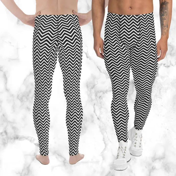 White Black Chevron Men's Leggings, Retro Style Meggings Compression Tights For Men-Made in USA/EU