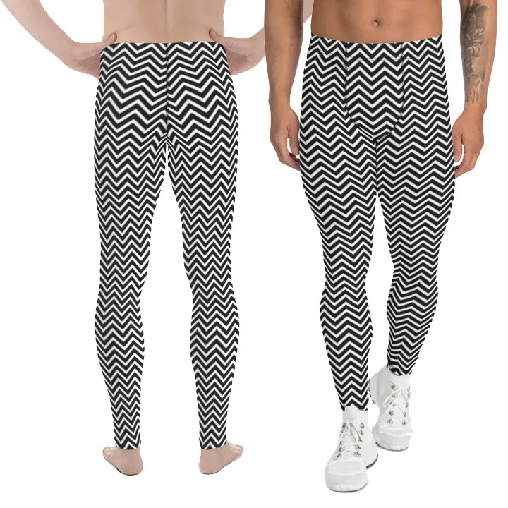 White Black Chevron Men's Leggings, Retro Style Meggings Compression Tights For Men-Made in USA/EU