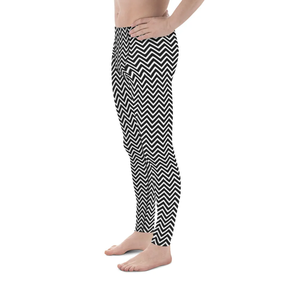 White Black Chevron Men's Leggings, Retro Style Meggings Compression Tights For Men-Made in USA/EU