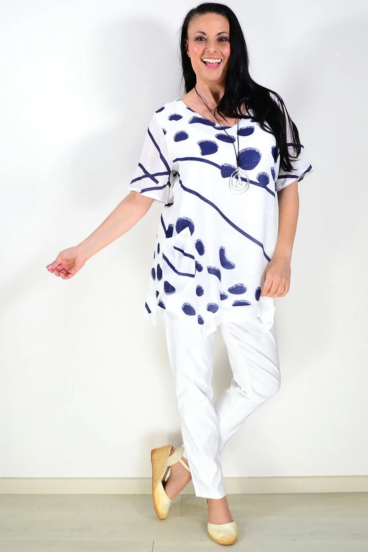 White Blue Dots Tunic Top