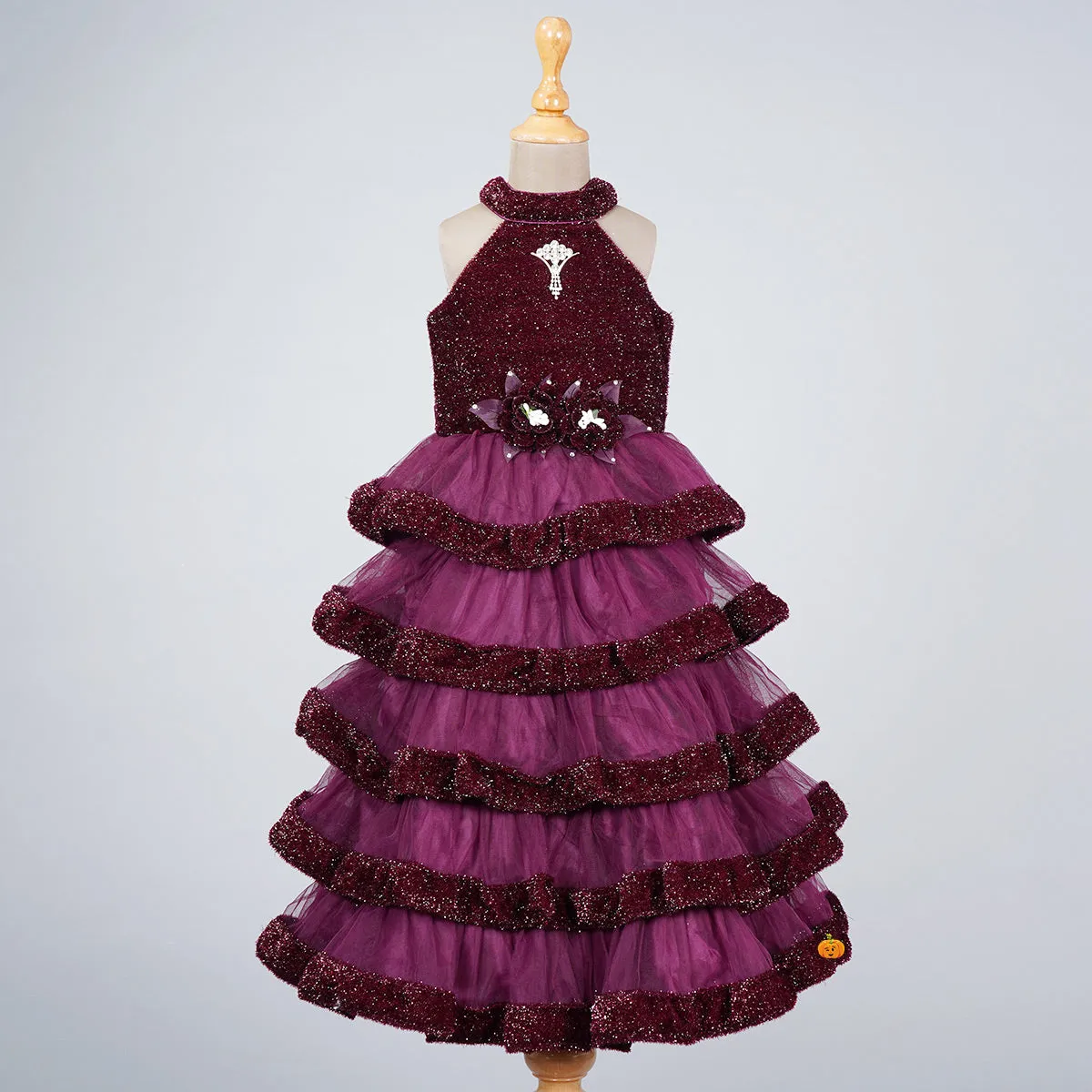 Wine & Navy Blue Layered Girls Gown