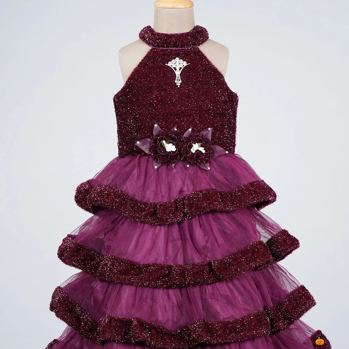 Wine & Navy Blue Layered Girls Gown