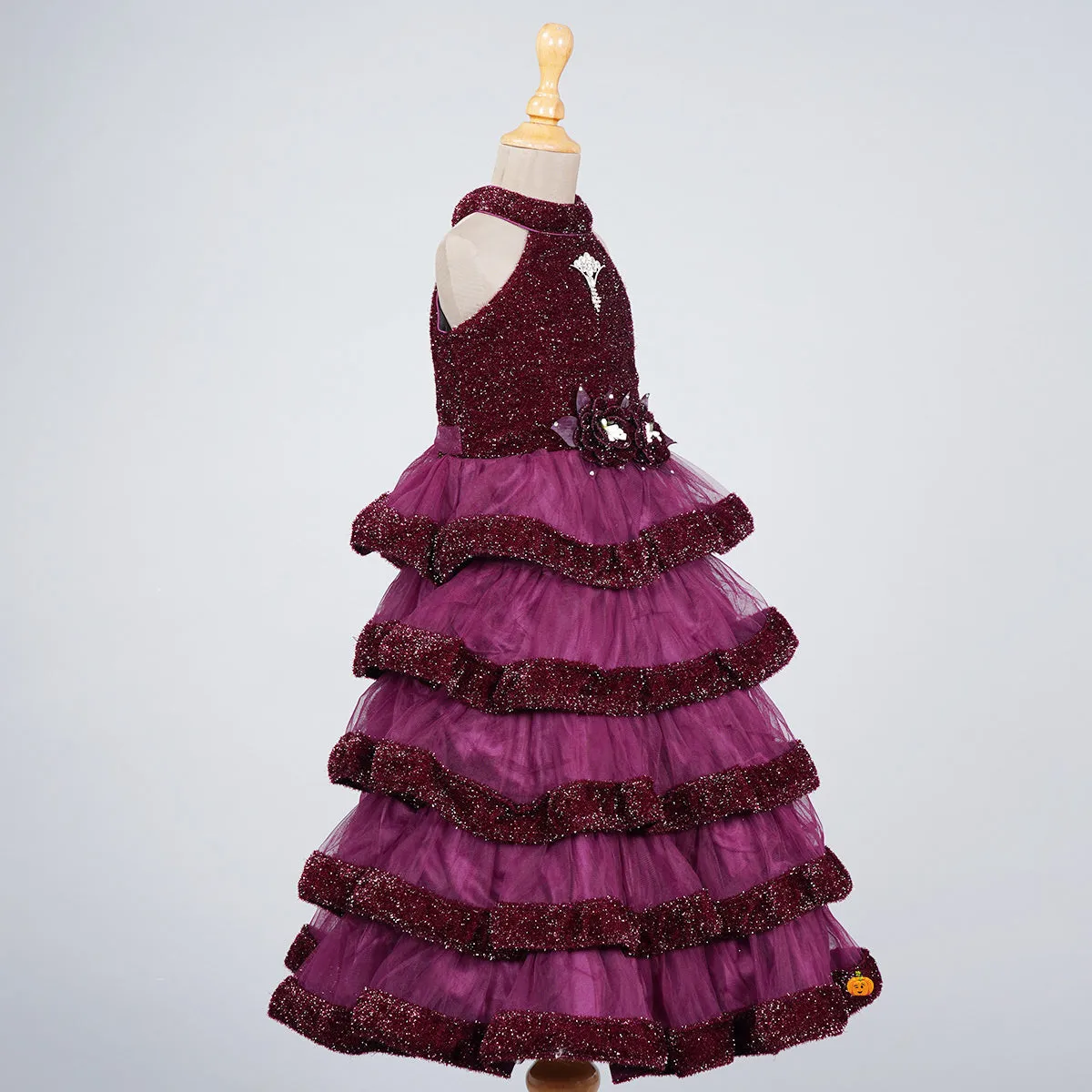 Wine & Navy Blue Layered Girls Gown