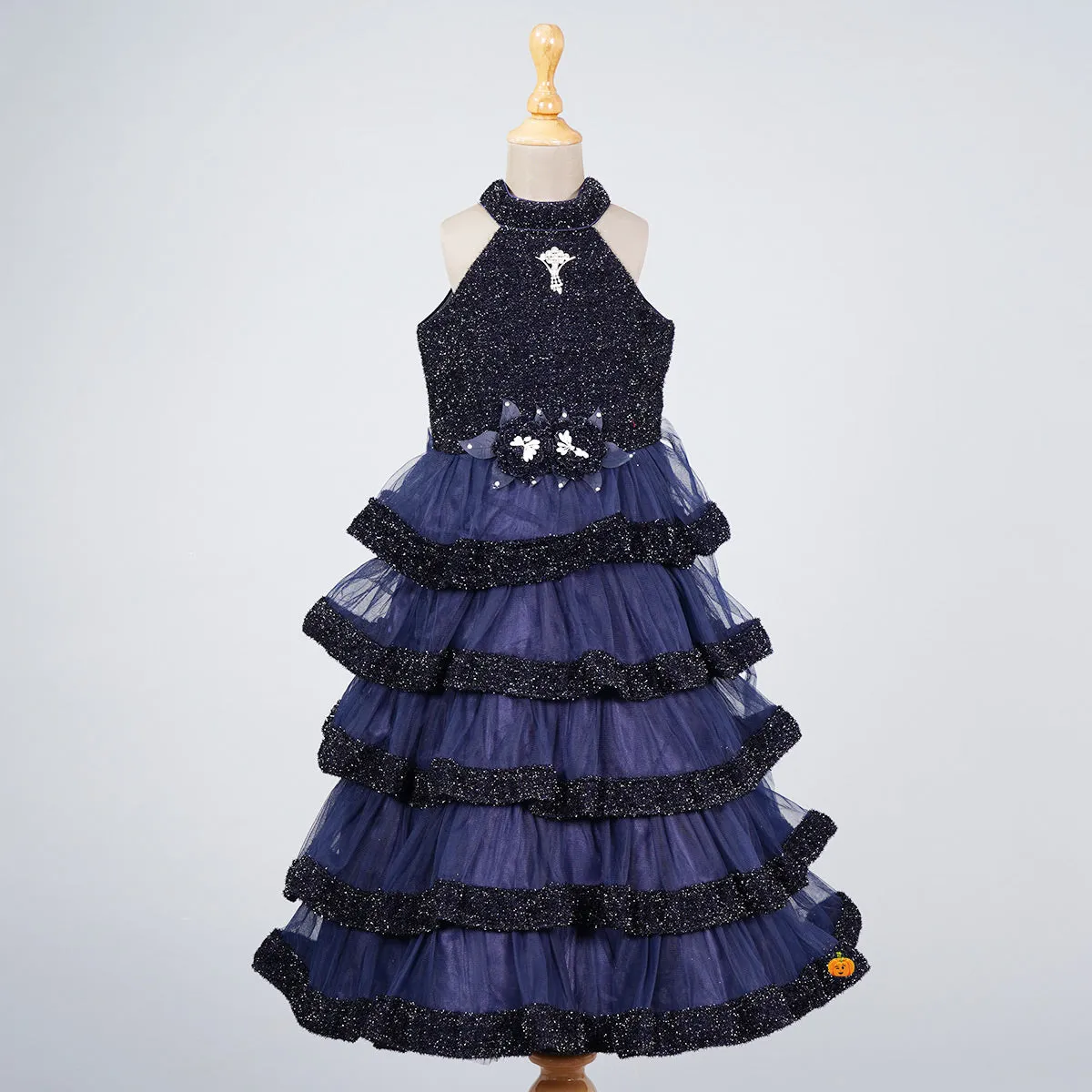 Wine & Navy Blue Layered Girls Gown