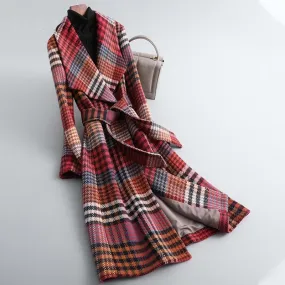 Winter Women Warm Wool Coat Plaid Belted Blends Outwear