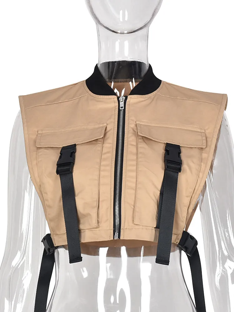 Wjczt Women Sleeveless Pockets Buckle Zipper Sexy Cropped Jacket Vest Top 2022 Spring Fall Harajuku Party Safari Waistcoat Streetwear