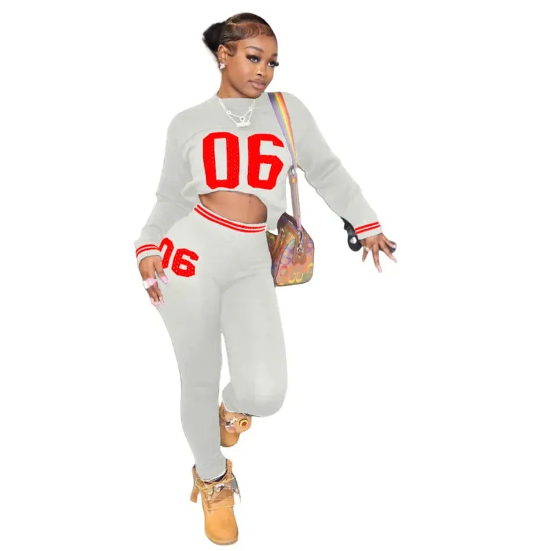 Women Set Fall Winter Knit Tight Long Sleeve Letter Crop Top Sweater And Skinny Pants  Casual 2 Piece Set Tracksuit Sweater Sets