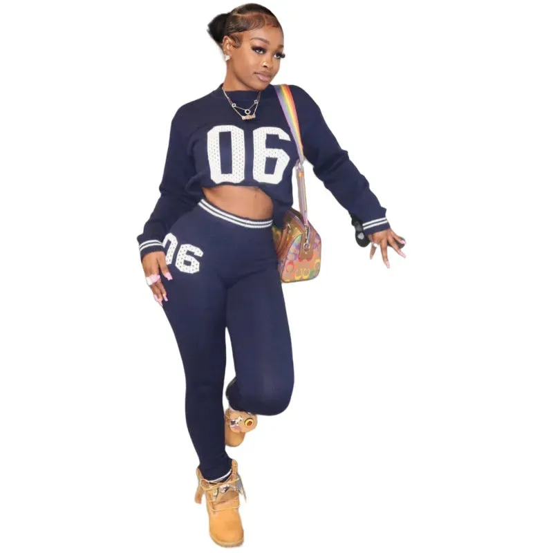 Women Set Fall Winter Knit Tight Long Sleeve Letter Crop Top Sweater And Skinny Pants  Casual 2 Piece Set Tracksuit Sweater Sets