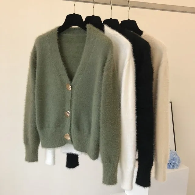 Women Short Wool Cardigan Cashmere Crop Sweater Winter Ladies V neck Jacket Female Loose Casual Thick Autumn Clothes korean knit