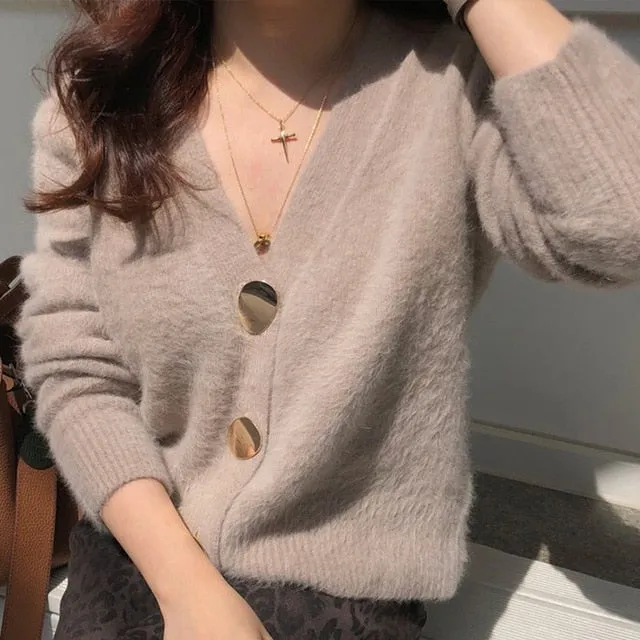 Women Short Wool Cardigan Cashmere Crop Sweater Winter Ladies V neck Jacket Female Loose Casual Thick Autumn Clothes korean knit