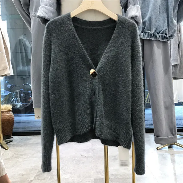 Women Short Wool Cardigan Cashmere Crop Sweater Winter Ladies V neck Jacket Female Loose Casual Thick Autumn Clothes korean knit