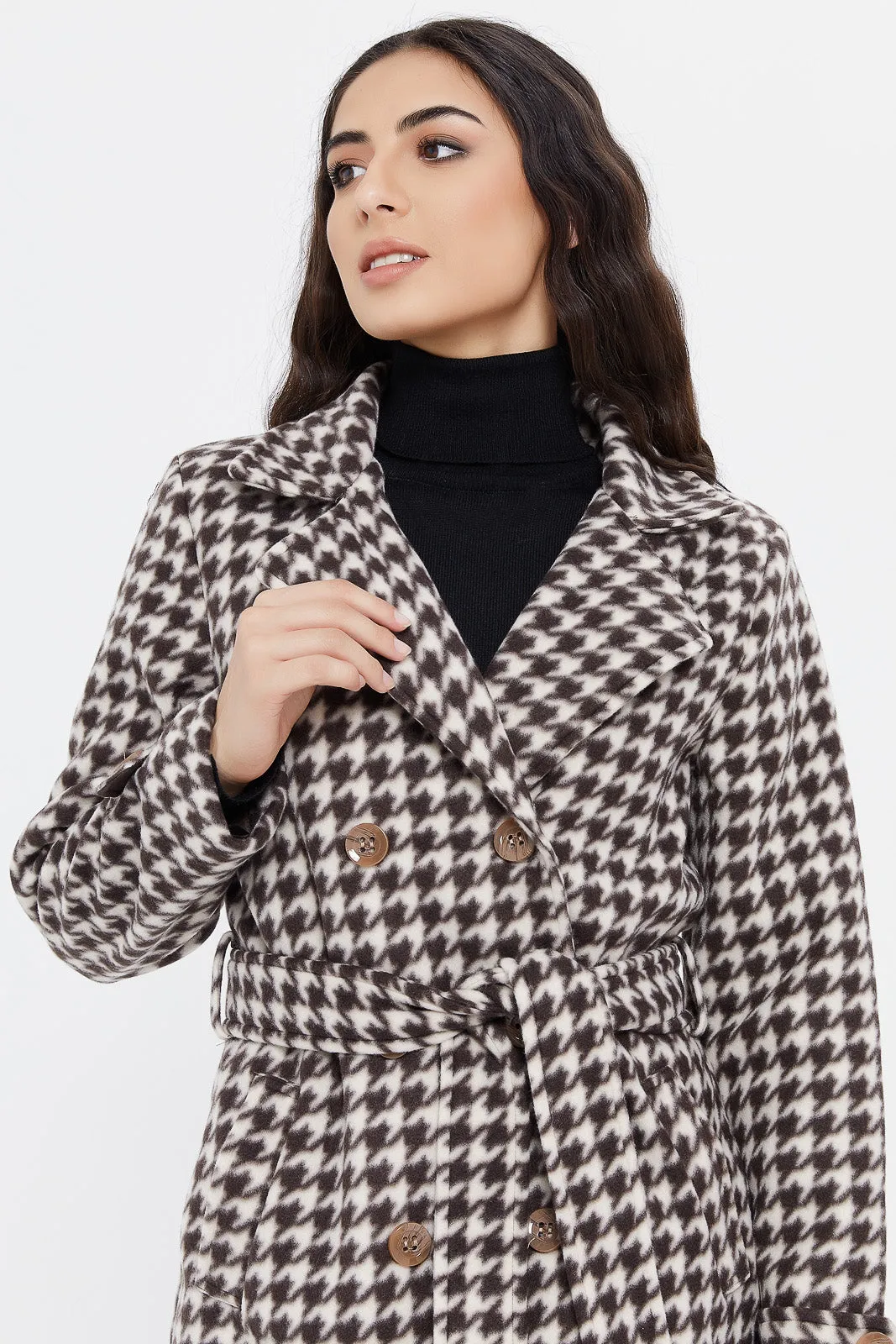 Women White And Black Checked Coat