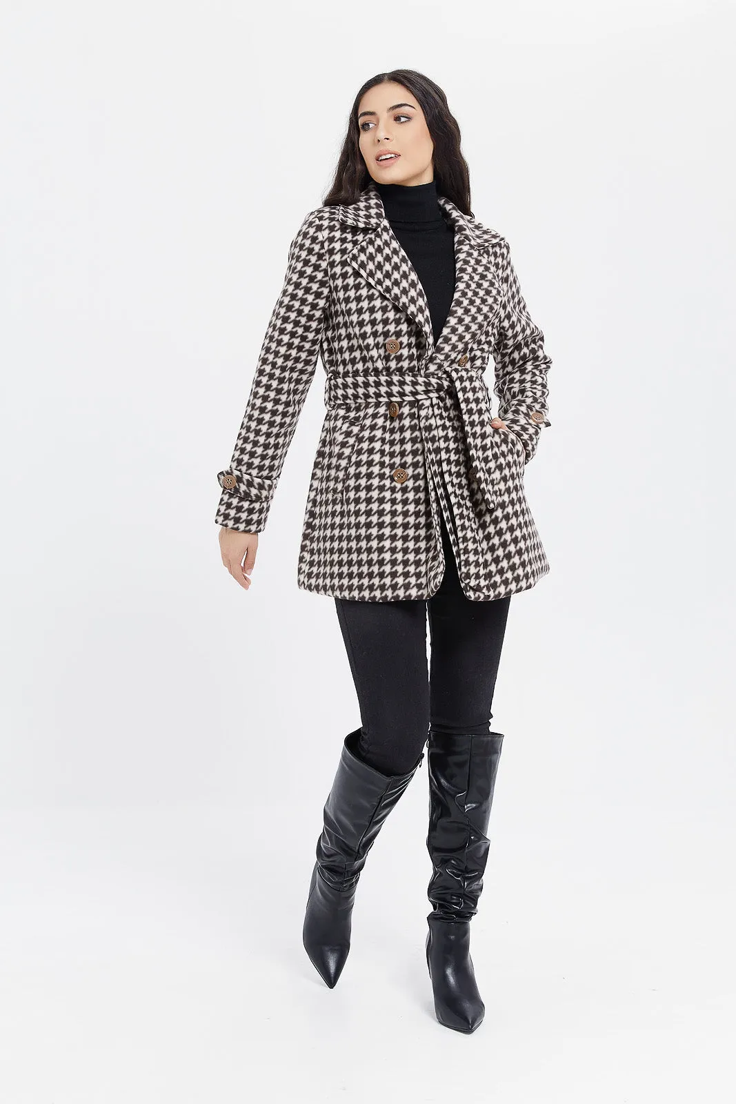 Women White And Black Checked Coat