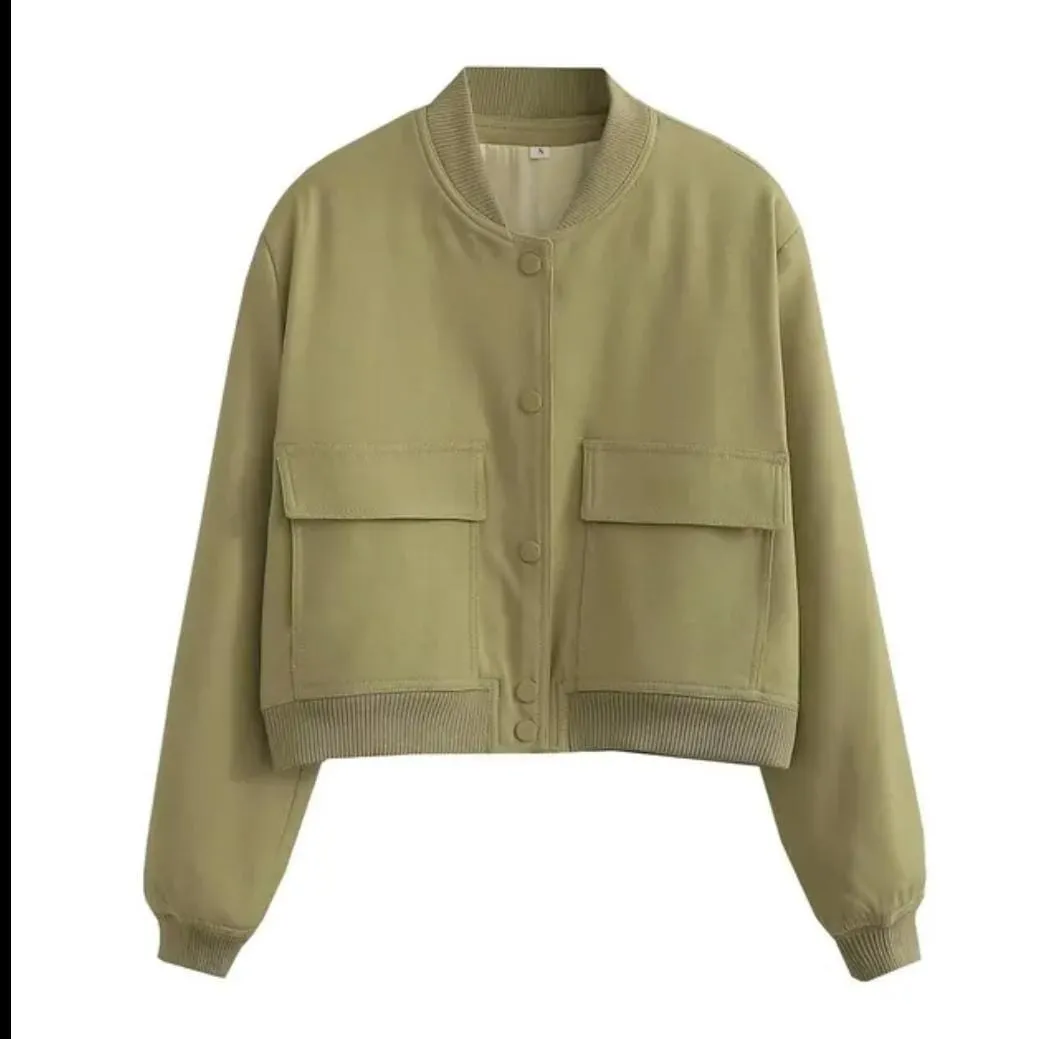 Women's Cropped Bomber Jacket Button Up Casual Streetwear L S9327821