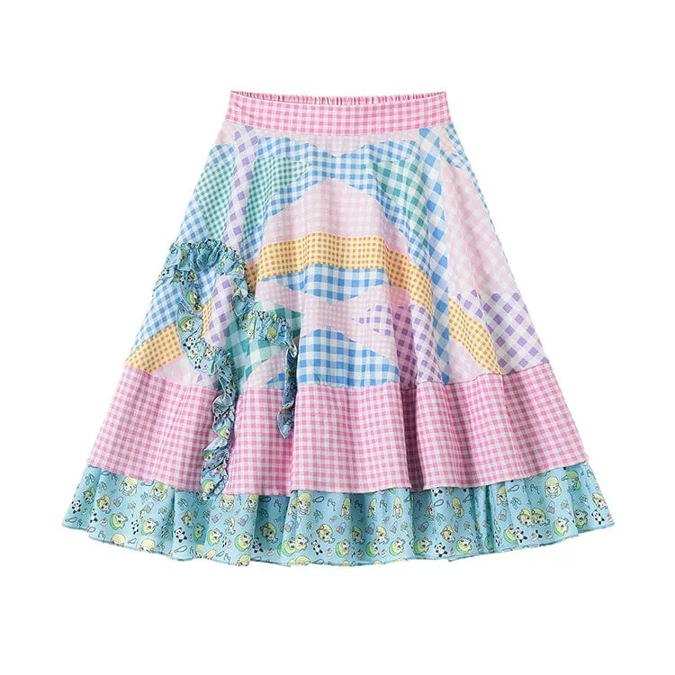 Women's Pink Kawaii Colorful Plaid Frill Splice Layered Skirt