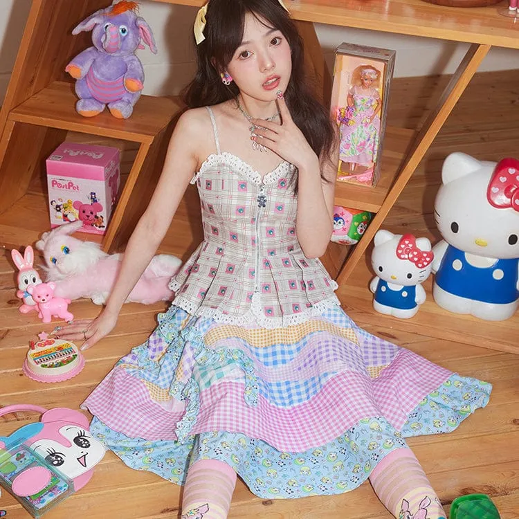Women's Pink Kawaii Colorful Plaid Frill Splice Layered Skirt
