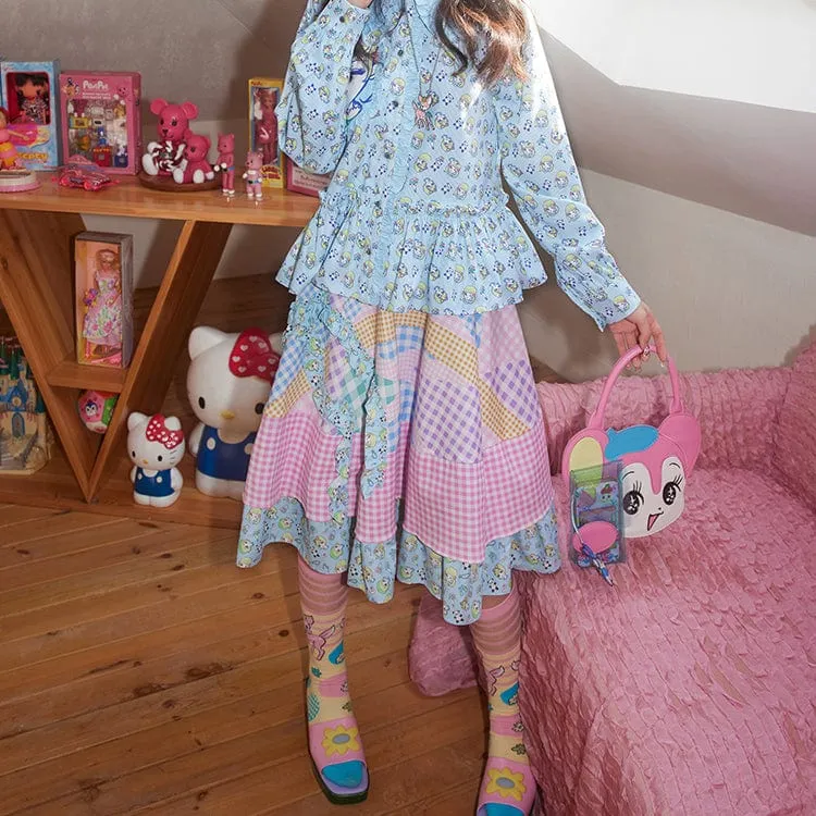 Women's Pink Kawaii Colorful Plaid Frill Splice Layered Skirt